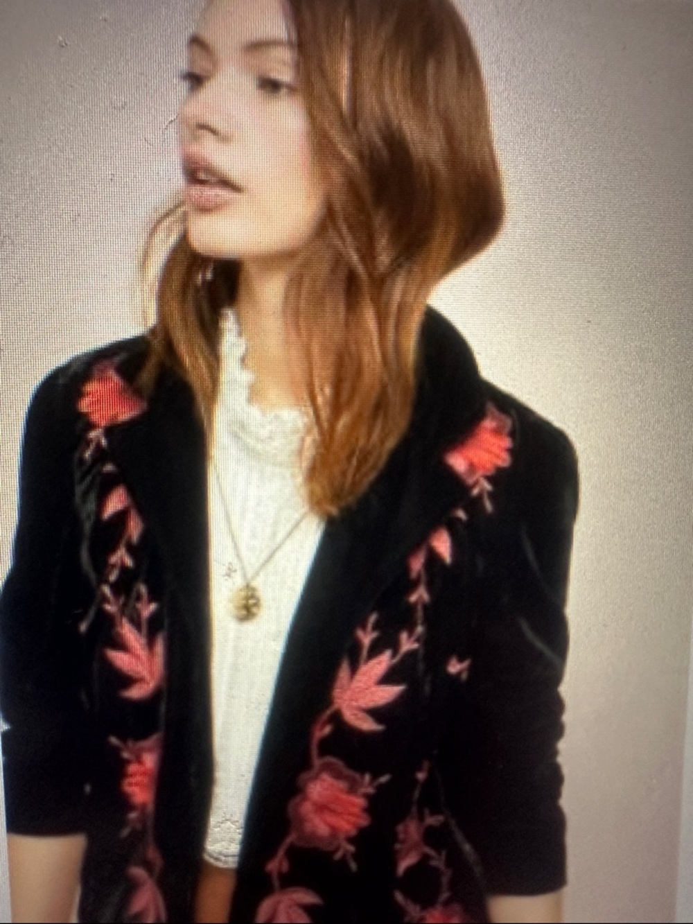 Anthropologie Black Velvet Blazer w/ Red and Pink Floral embroidery